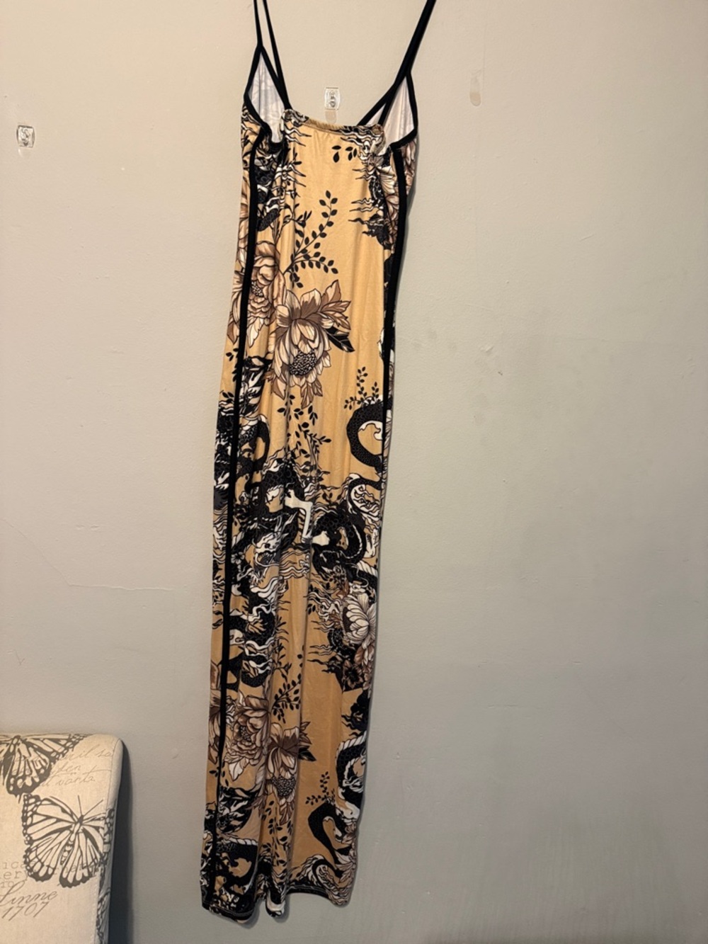 Fashion Nova Beige and Black Floral Dragon Maxi Dress - Picture 2 of 3